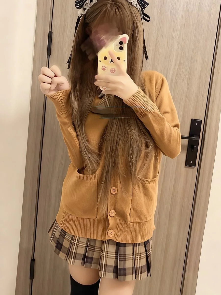 

Оригинальный длинный коричневый открытый кардиган Sve irt, трикотажная одежда, базовый комплект с юбкой в клетку для колледжа, женский ансамбль Faion