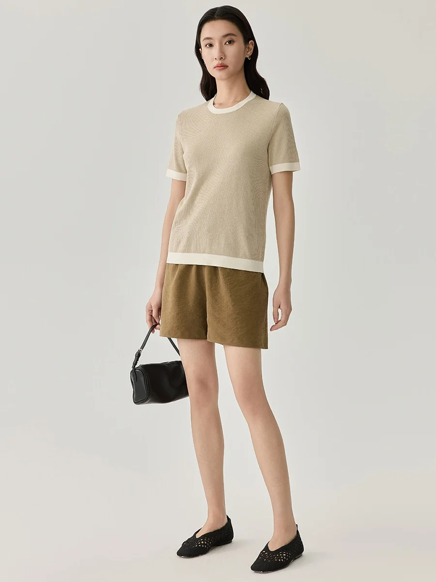 Birdtree, 70% Silk 30% Cotton T shirt, O-neck Soft Basics Tops, Women Short Sleeve Shirt, Jacquard, 2026 Spring New T62227JF
