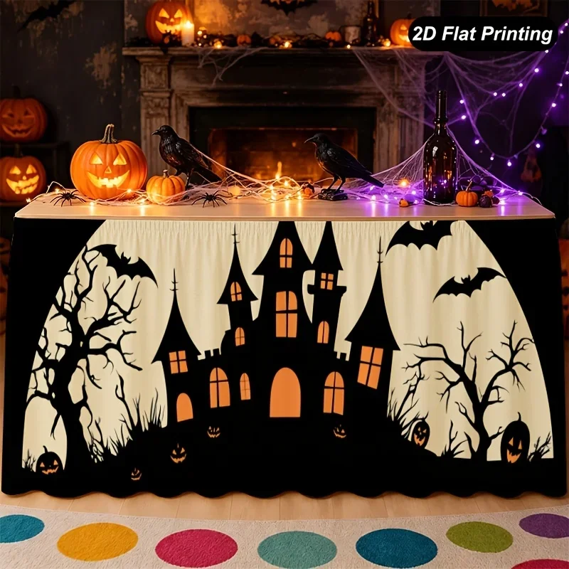 1pc Halloween table skirt, full moon Halloween castle bat owl dark pattern, suitable for Halloween autumn partiesxzj
