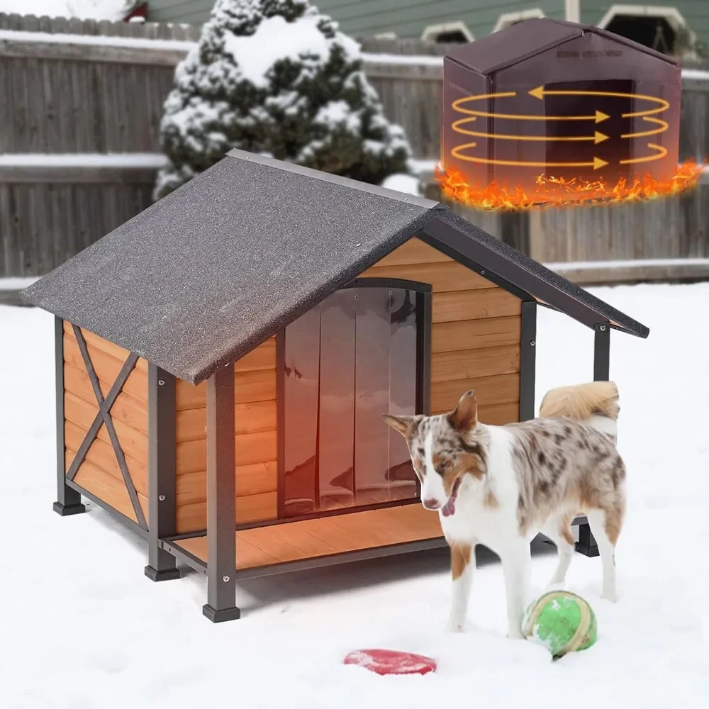 Outdoor Dog House with Insulated Liner Weatherproof Wooden Dog Shelter with Large Porch Pets Warm House