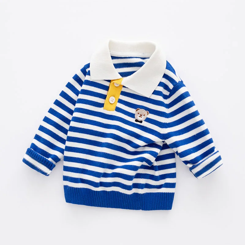 Cute Blue and White Classic Striped Baby Boy Knitted Sweater Polo Pullovers Toddler Long Sleeve Warm Top Clothes