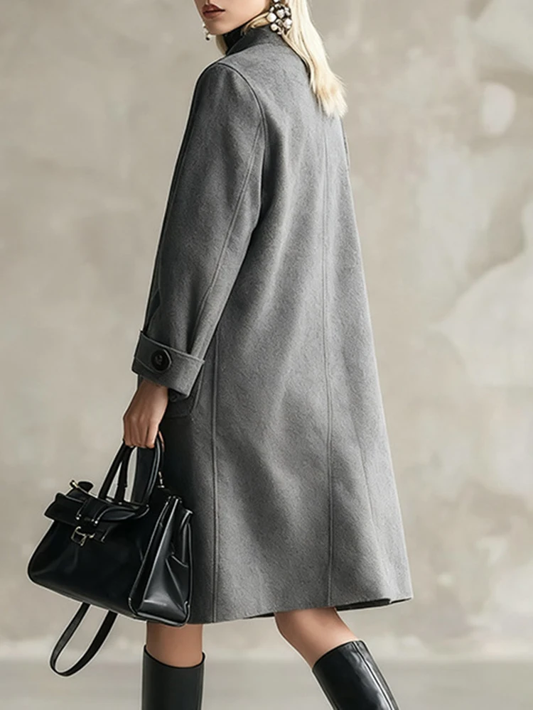 

Fashion Single Breasted Straight Commute Overcoat Women Simple Pocket Outwear High-end Gray Stand Collar Long Sleeve Woolen Coat