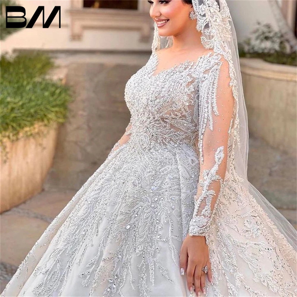 Ballgown Wedding Dress With Long Illusion Sleeves Embroidery Bride Dresses O Neck Bridal Gown Robe De Mariee Without Veil