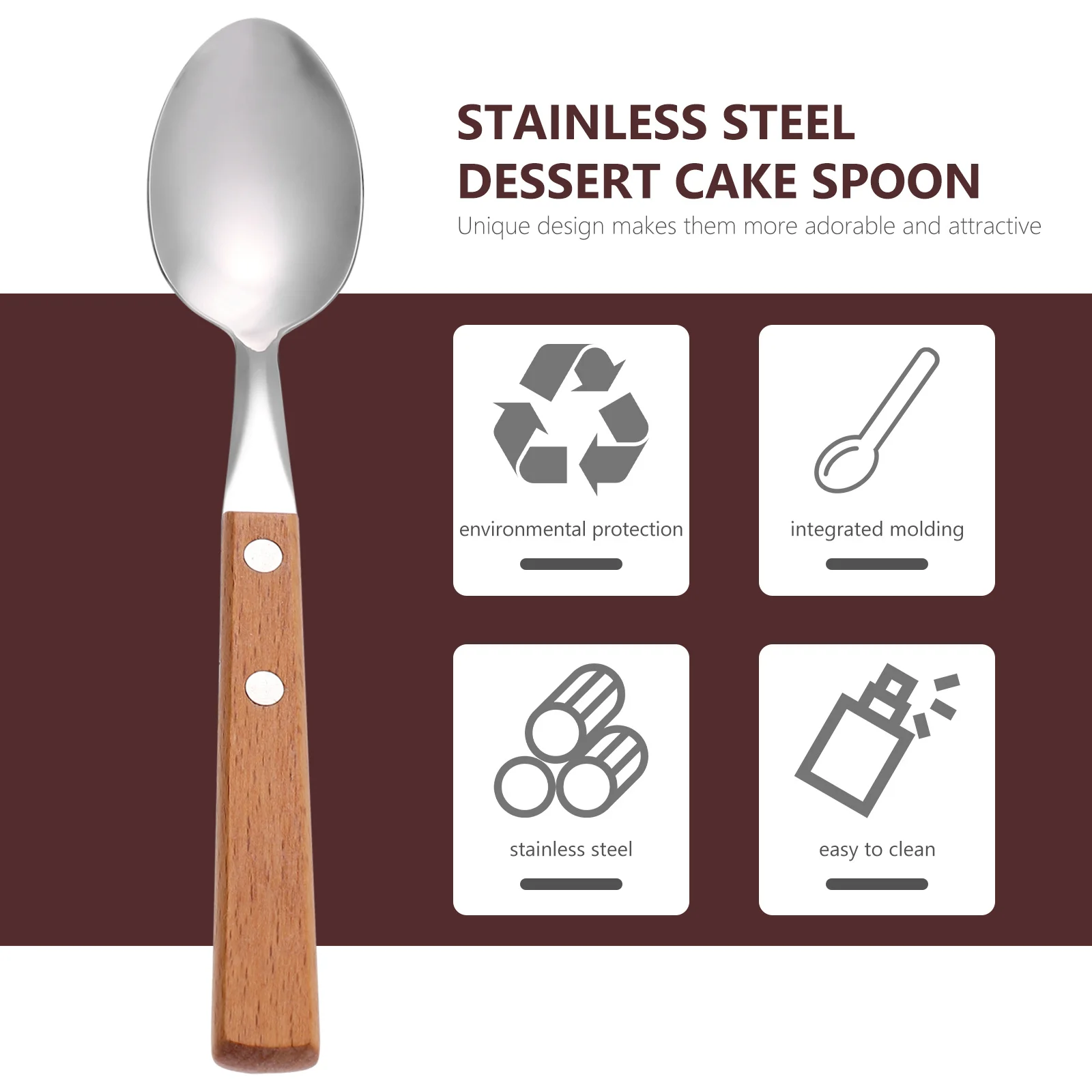 

5Pcs Stainless Steel Dessert Spoons Wood Handle Compact Design Easy Clean Kitchen Spoons for Ice Cream Coffee Dessert