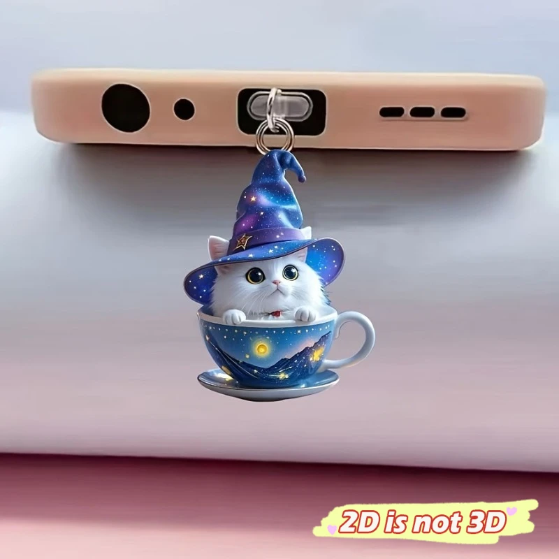 

Blue Teacup Cat Dust Plug Charm 2D Cute Charge Port Plug For iPhone Type C Anti Dust Cap Decoration Hanging Phone Pendant