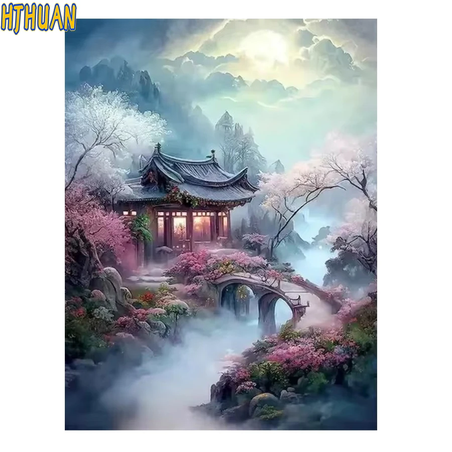 New 5D Round diamond painting Mountain, pavilion, bridge, flowers DIY diamond painting embroidery Home Decor diamond mosaic gift