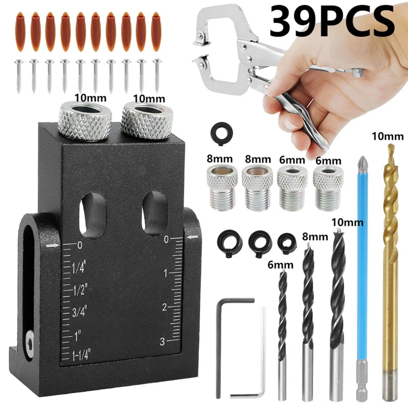 Woodworking Oblique Hole Locator Drill Bits Pocket Hole Jig Kit 15 Degree Angle Drill Set Hole Puncher