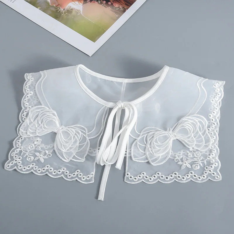 

Women Lace White False Collar Female Summer Dress Shoulder Wrap Girls Big Lapel Shawl Shirt Detachable Lace-Up Fake Collar