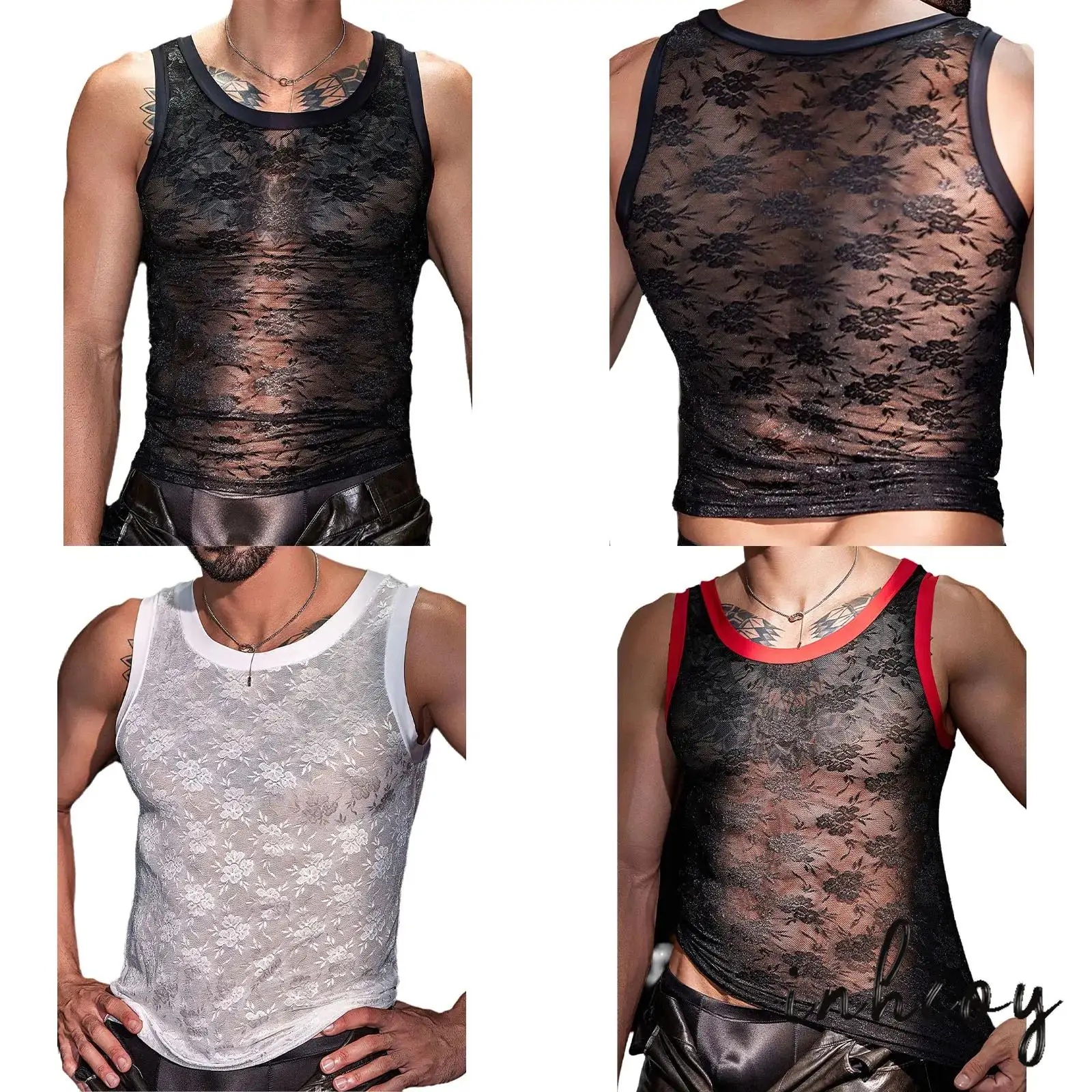 

Gay Mens Sissy See Through Floral Lace Tank Tops Crew Neck Sleeveless Stretchy Vest Singlets Clubwear for Raves Single Party