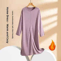 Women's Fleece Lined Midi Nightgown Long Sleeve Sleepwear Dress Home Clothes Mommy Style Base Layer Skirt Autumn Winter