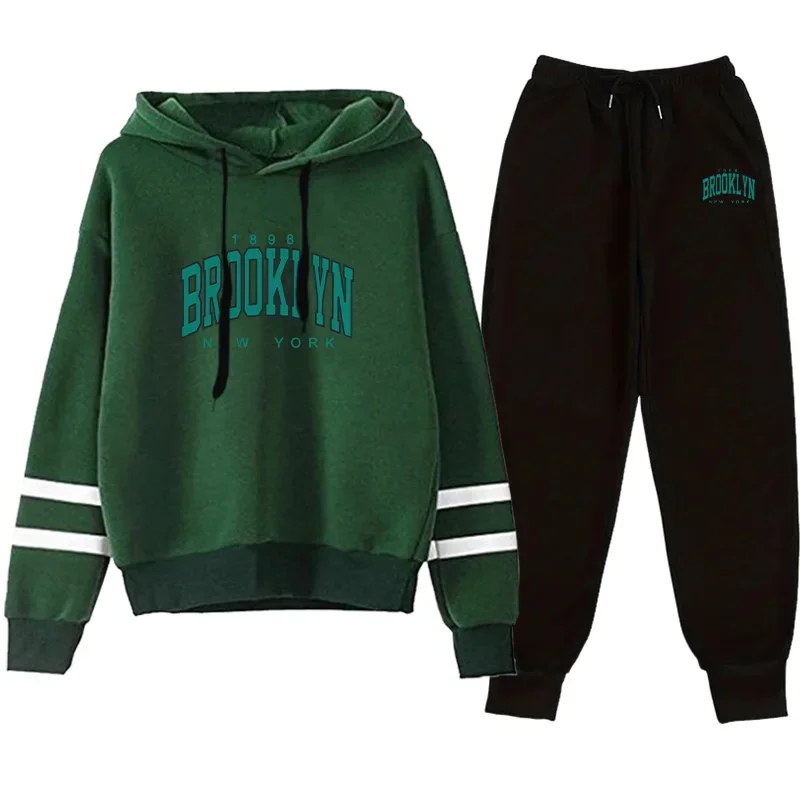 Setelan Olahraga Wanita Motif Kasual Sweatshirt Jogging Pakaian Wanita Musim Gugur-Dingin Pakaian Olahraga Jalanan Hoodie Celana Satu Potong