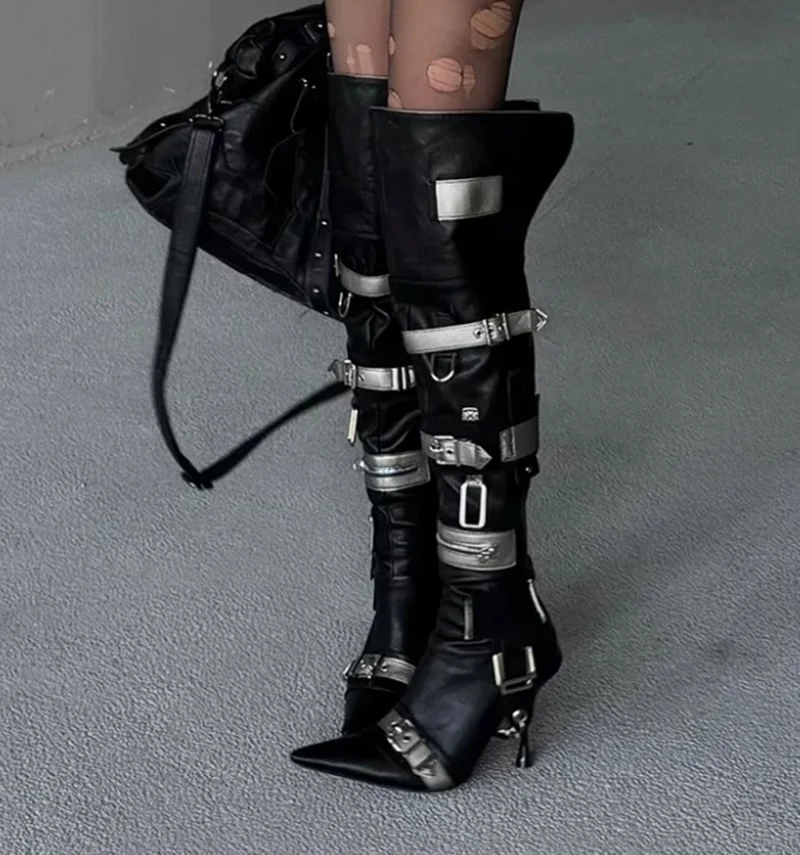 Punk Style Belt Buckle Straps Western Motorcycle Ridding Boots Black Leather Zipper Pointed Toe Thin Heels Winter Tall Boots