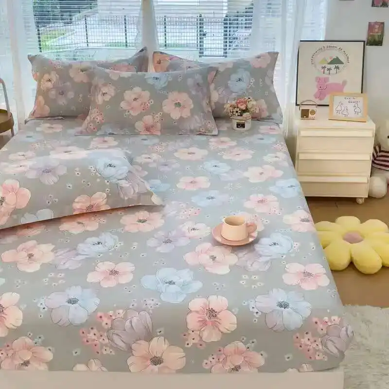 1PC 100% Cotton Floral Fitted Sheet - Single/Queen/King Size, Breathable Mattress Cover For Double Beds (No Pillowcase) - Image 4
