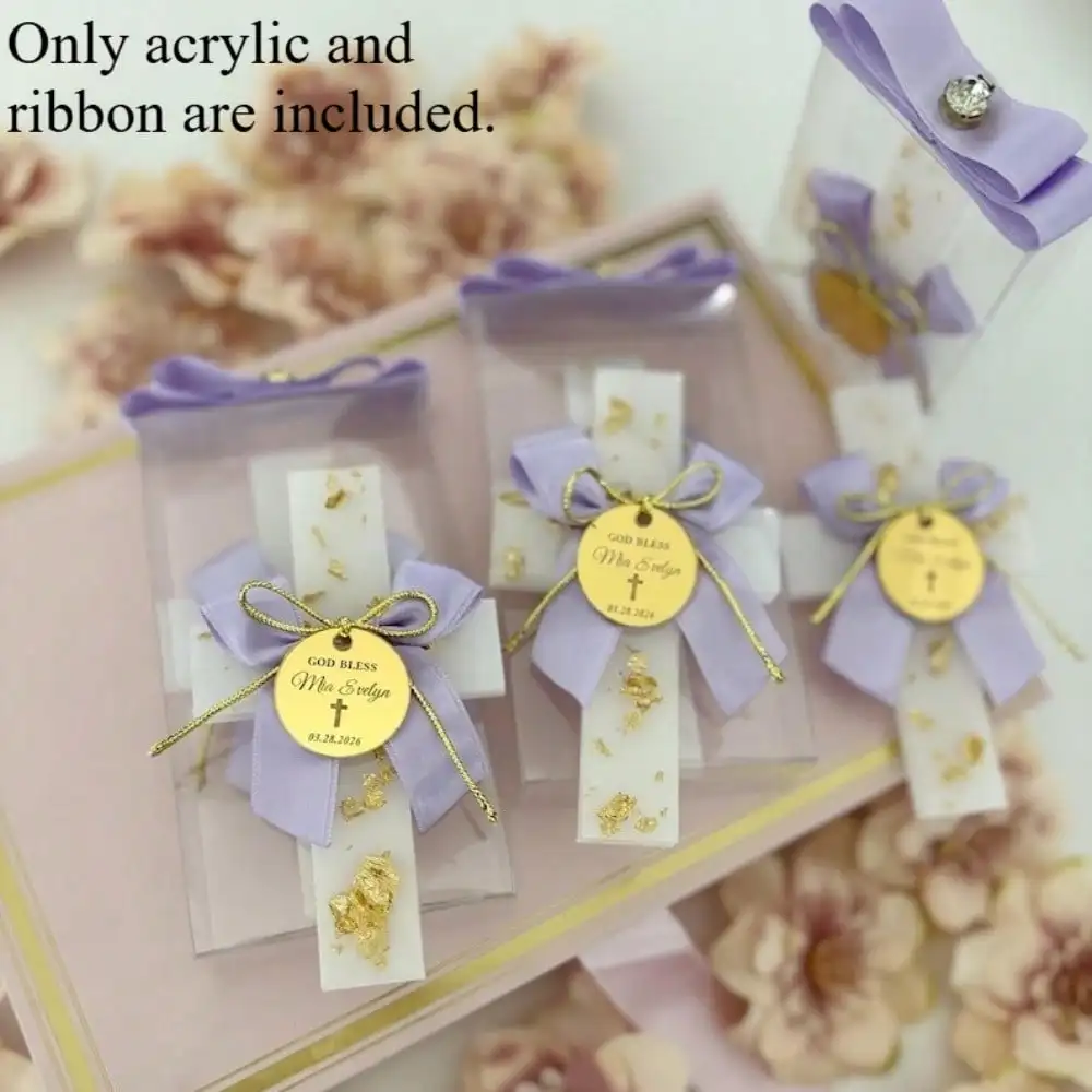 My Christening First Communion Cross Round Gold Acrylic Tags with Pink Purple Bows Custom Engraved Name Religious Party Favors