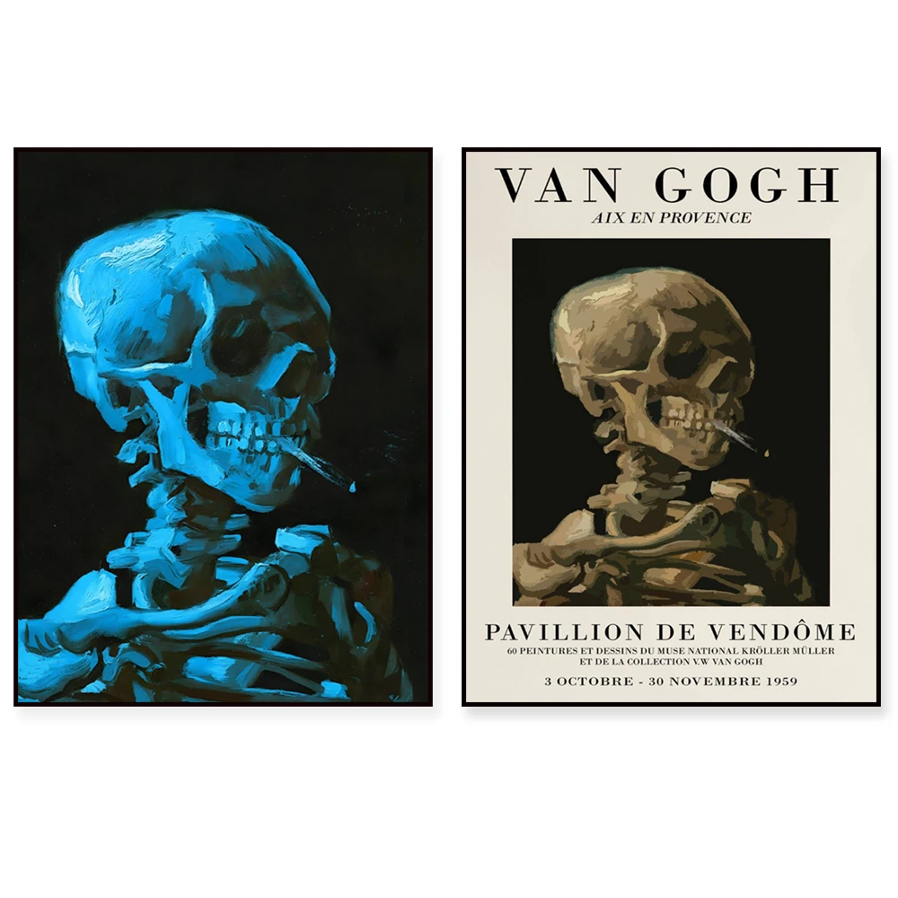 Vincent van Gogh skull and burning cigarette print, skull smoking cigarette print. Famous skull victorian exhibition poster