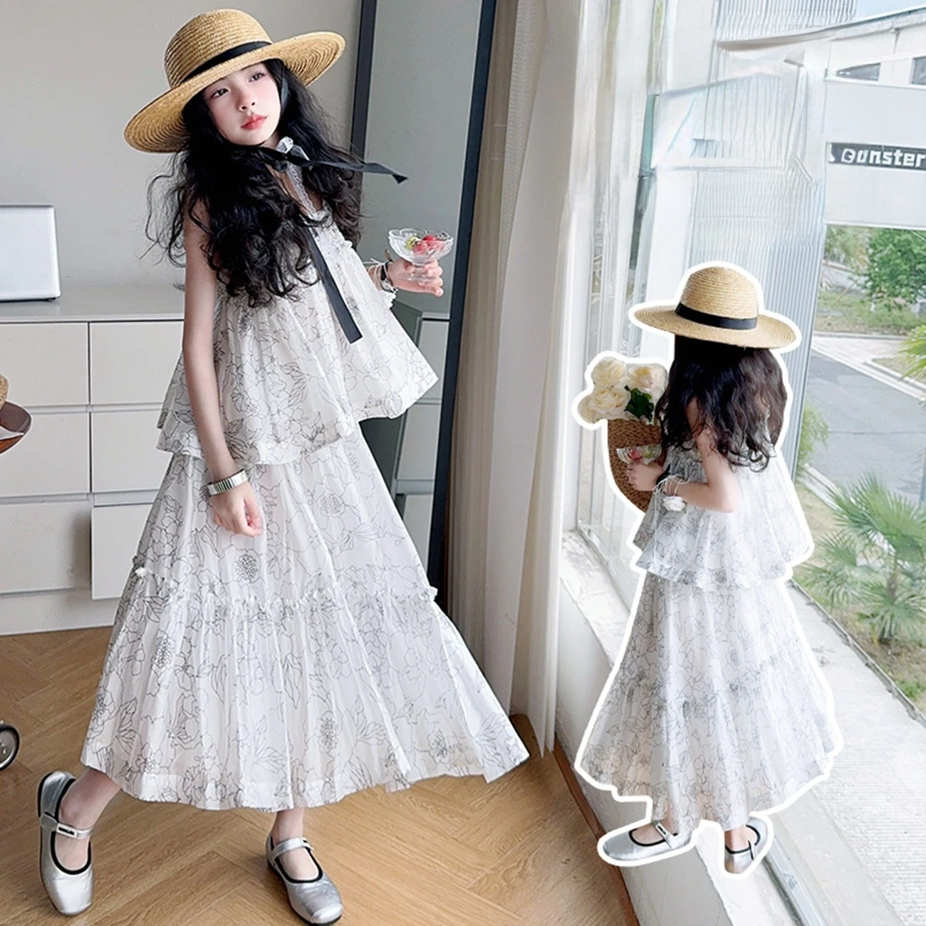 

Girls Spring 2025 New Butterfly Hanging Neck And Shoulder Digging Style Fairy Style Set Skirt For With Small Stature