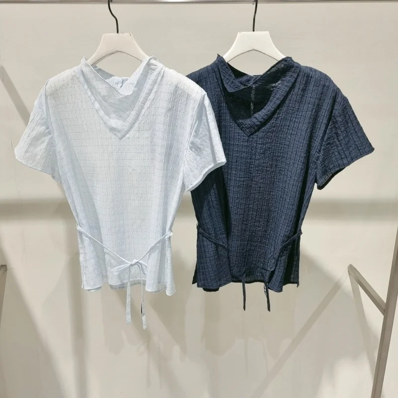 

Elegant Plaid Texture Short Sleeve Shirt Design Pile Neck Waist Cinch Belt Versatile Small Shirt Korean Style Commute