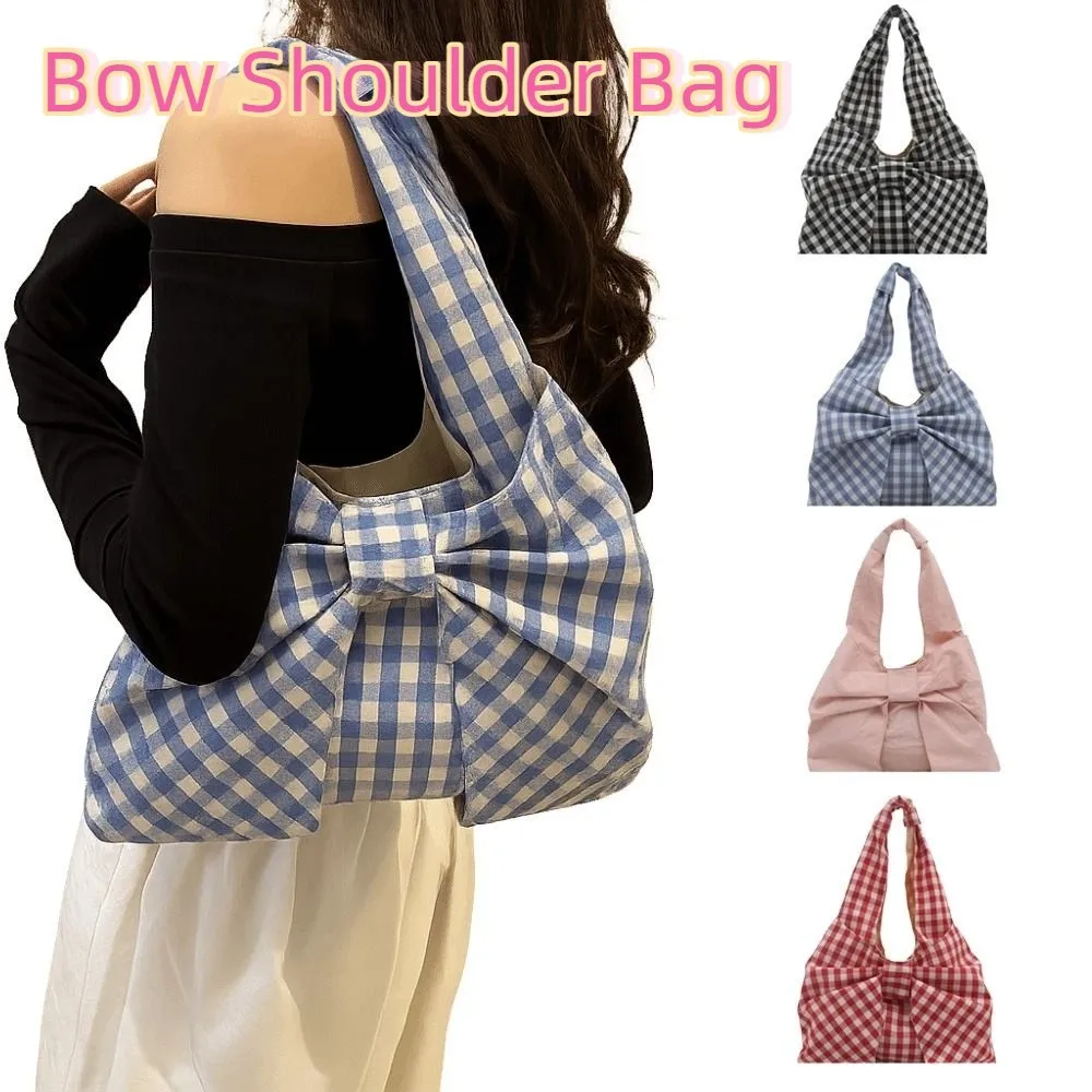 

Lightweight Korean Style Bow Shoulder Bag Large Capacity Fashion Plaid Tote Bag Bowknot Portable Handbag Women