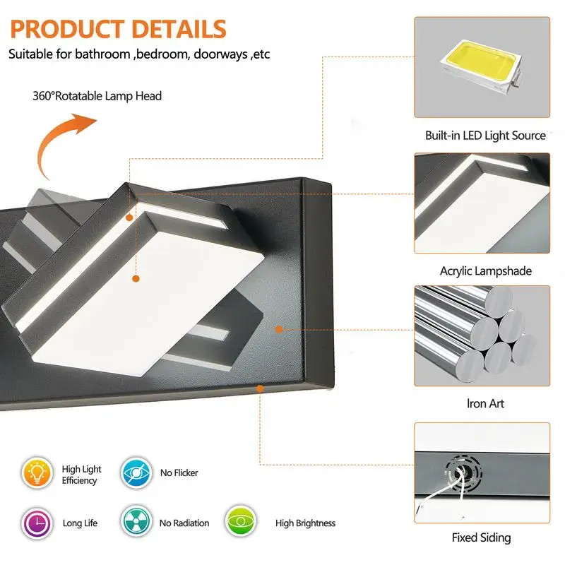 مصباح LED حديث للزينة، شمعدان حائط 7 أضواء للحمام والمرآة، تصميم أنيق وبسيط، موفر للطاقة وسهل التركيب، مثالي #5