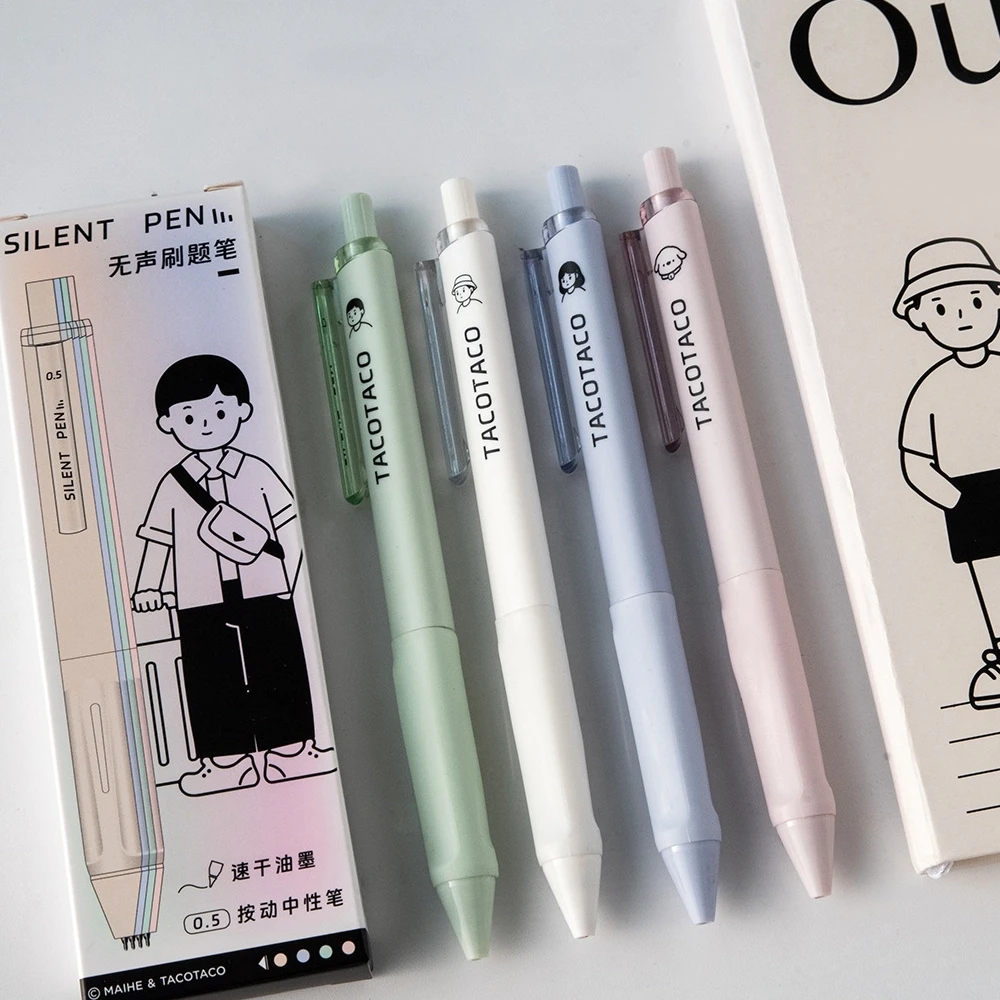 

4pcs Silent Pens Set Cartoon Design TacoTaco 0.5mm Ballpoint Black Color Quick-dry Gel Ink for Writing Office School A3015