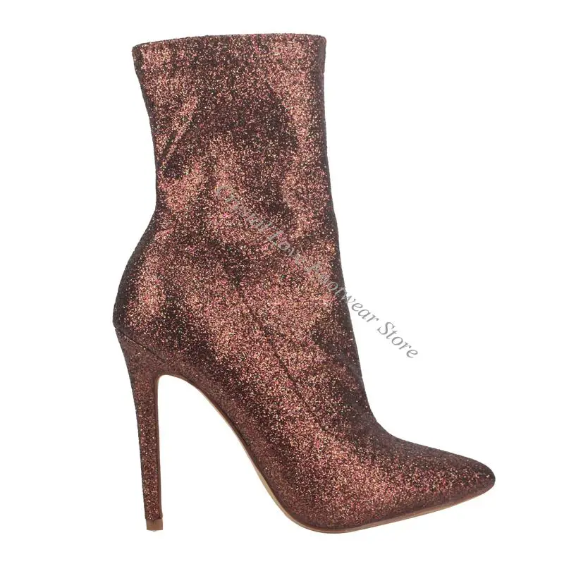 

Женские короткие ботильоны с пайетками, коричневые, на шпильке, с острым носком, на молнии, для сцены