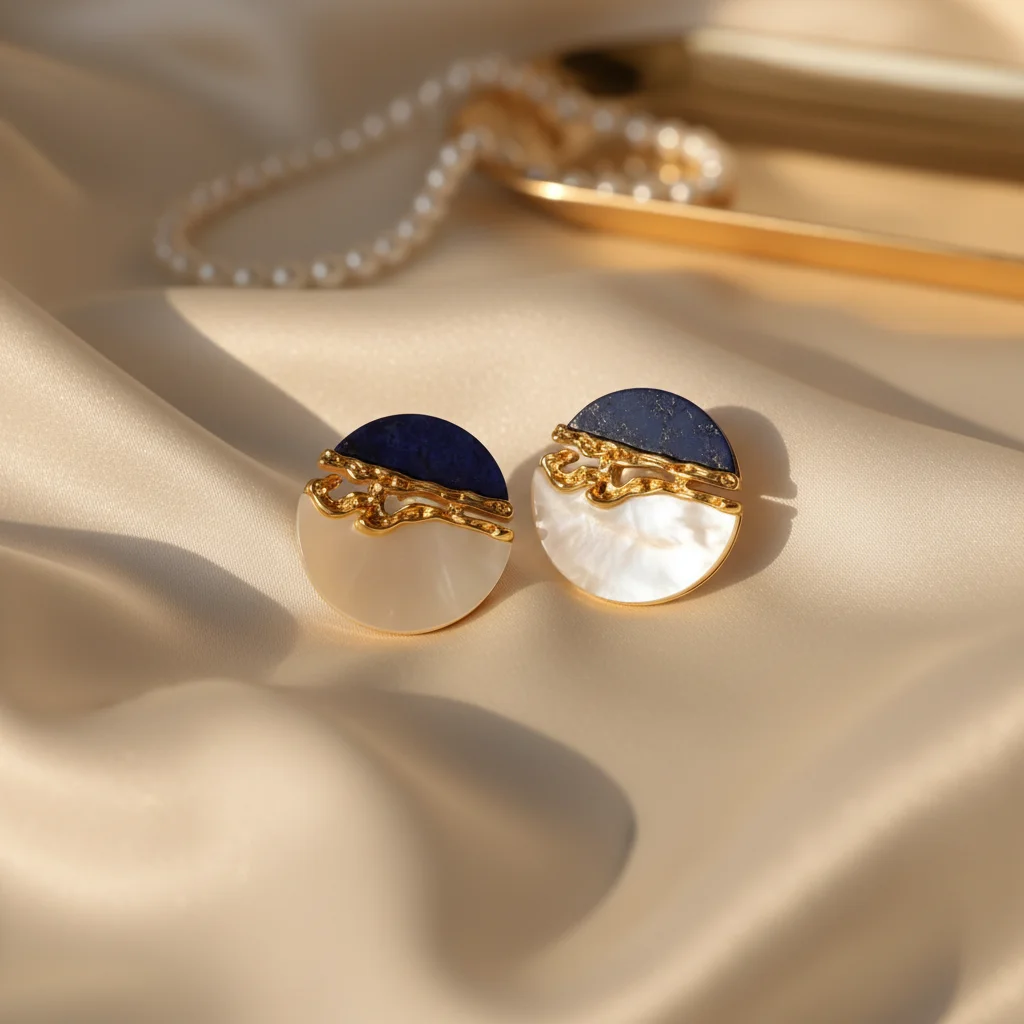 

Neo-Chinese Style Golden Synthetic Lapis White Shell Round Ear Stud Geometric Disc Drop Cuff Earrings Three-tones Luxury Jewelry