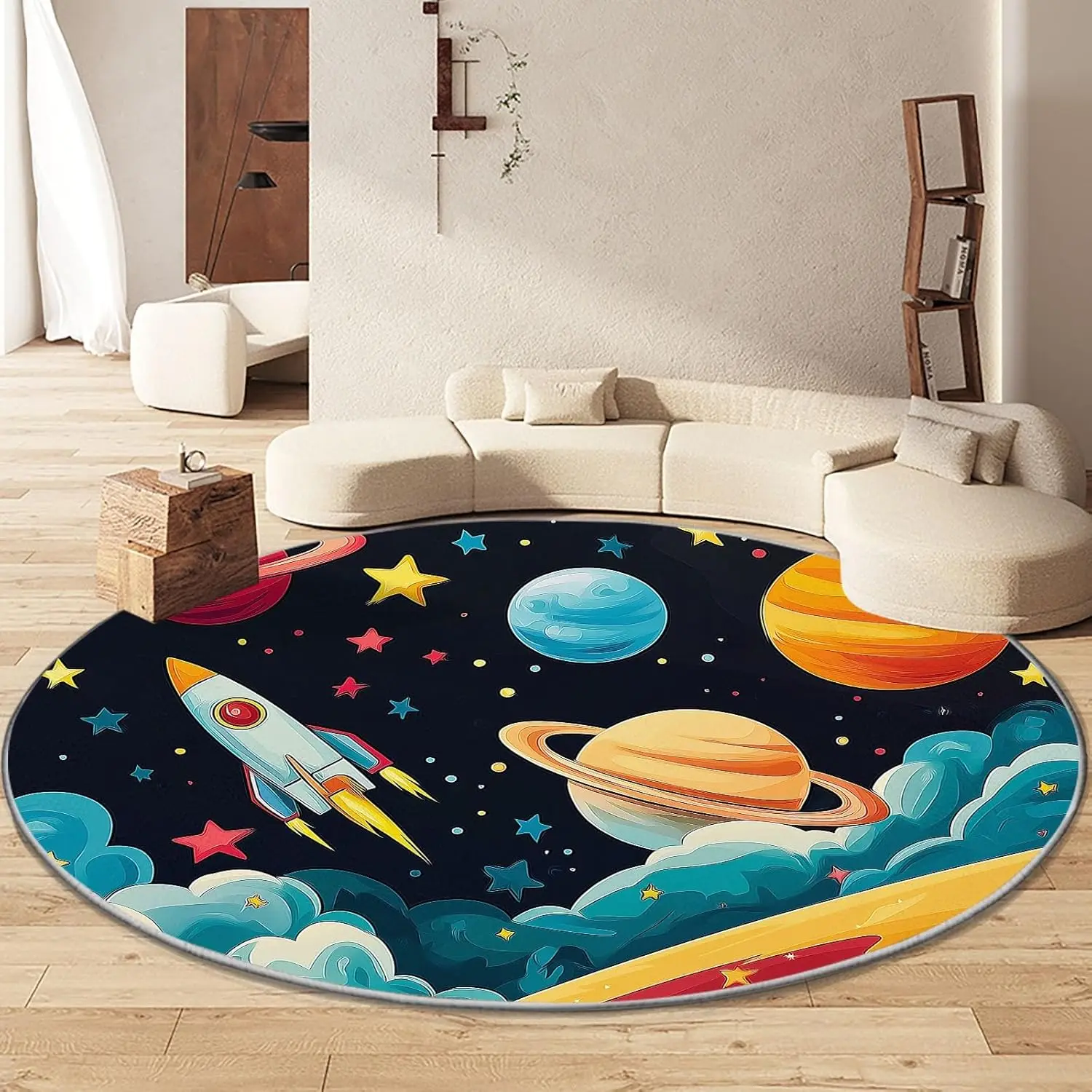 

Cartoon Style Cosmic Rocket Round Area Rug, Space Planets Washable Circular Carpet Runner - Non Slip Circle Rug Carpet Absorbent