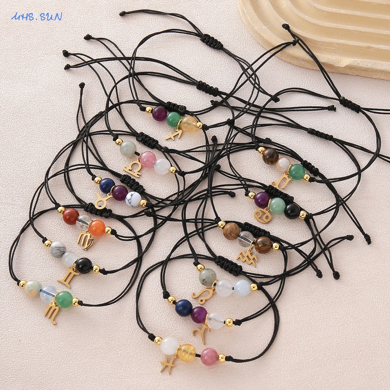 Gold Plated Stainless Steel Natural Stone Birthstone Chinese Zodiac Woven Drawstring Bracelet Couple Jewelry For Party Wear
