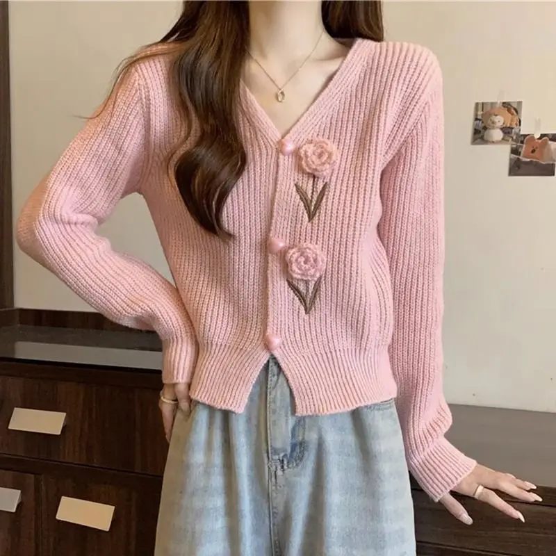 

Knitted Sweater Cardigan Three-Dimensional Flower Crochet V-Neck Single-Breasted Women Autumn Winter Korean Style Short Cardigan