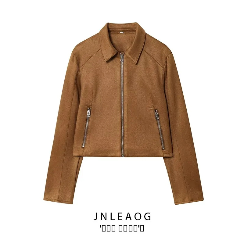 Faionable Leather Jaet Dames Ort Bovenkleding Veelzijdig Sle Warm Polyester Stof Lange Sve Ritssluiting Geen Hoed