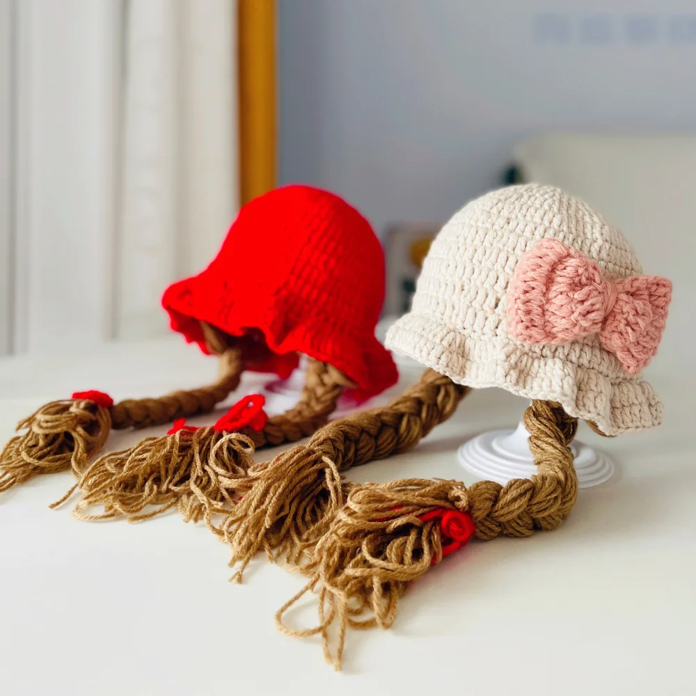 Cute Cherry Baby Girl Bucket Hat Pigtail Braid Wig Toddler Cap Winter Infant Crochet Knitted Children Hats and Caps for Girls
