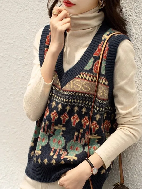 Ladies Knitted Vest Top V-Neck Sleeveless Loose Fit Spring Autumn Fashion Retro Style No Button Closure Floral Patterned