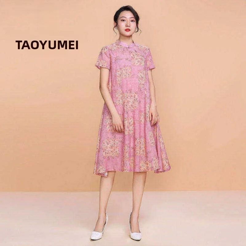 

Летнее женское платье Tao Yumei свободного кроя в национальном стиле из льна и регенерированного целлюлозного волокна