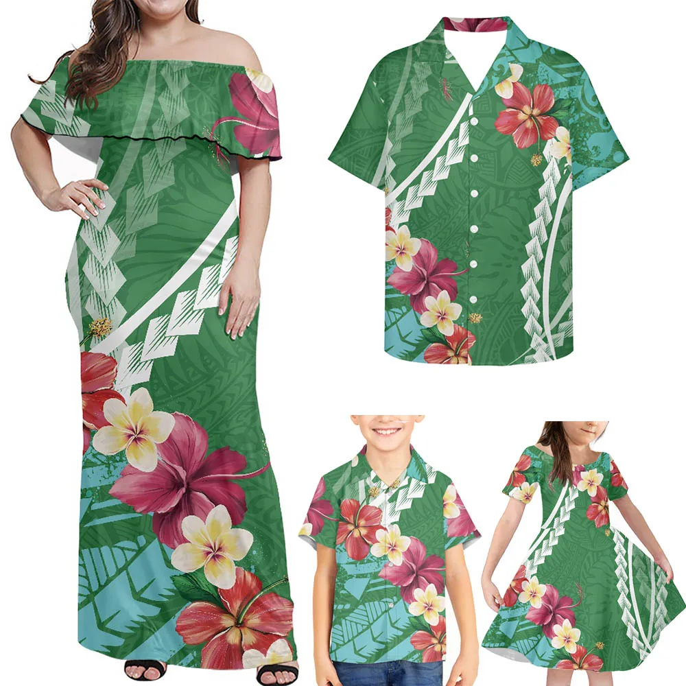 

Ladies Gowns Sexy Fashion Polynesian Samoan Plumeria Print Women Off Shoulder Dress Family Kids Women Men Dresses Shirt Couple