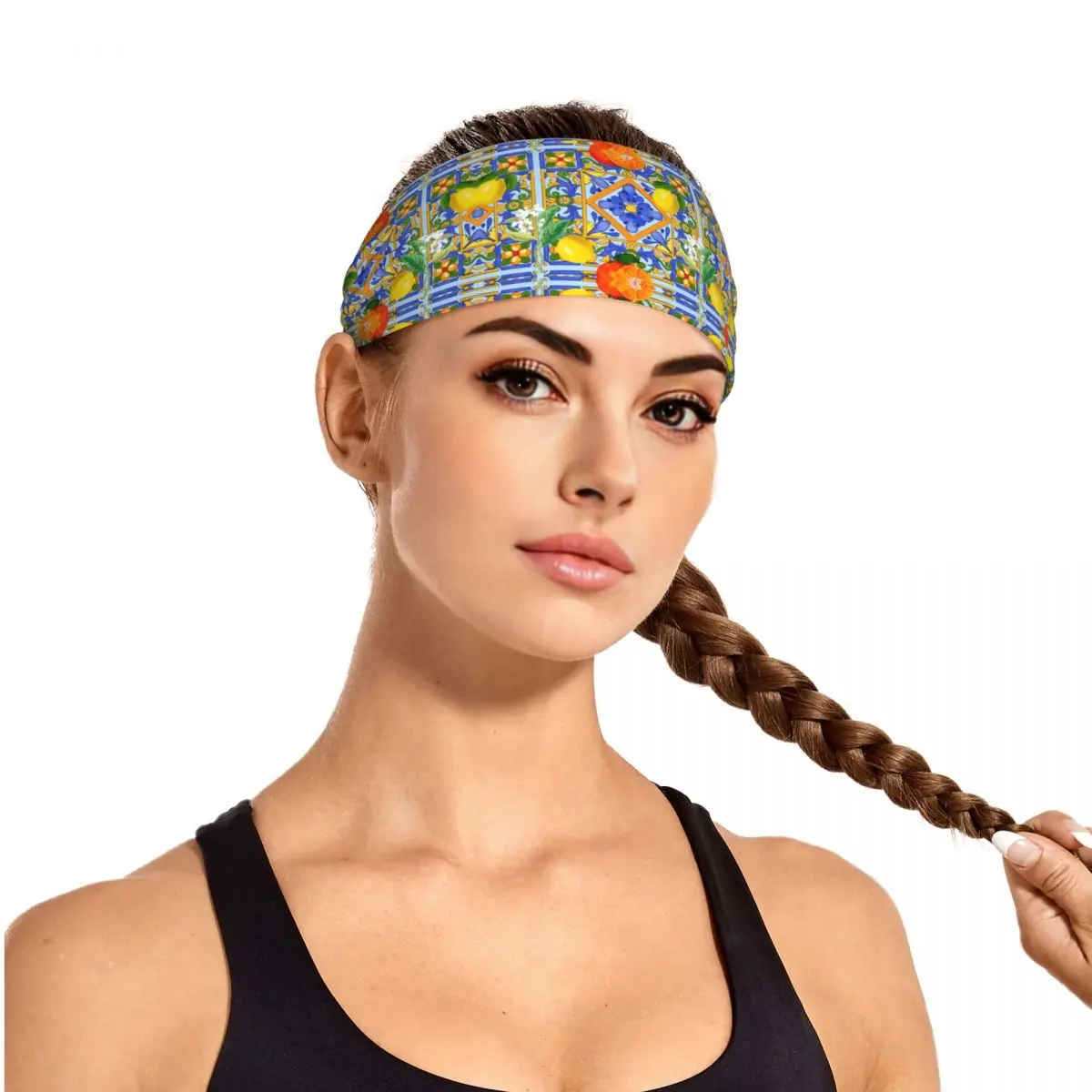 Custom Sicilian Tiles Summer Fruit Oranges Lemons Headband Women Men Non Slip Moisture Wicking Gym Sweatband for Football