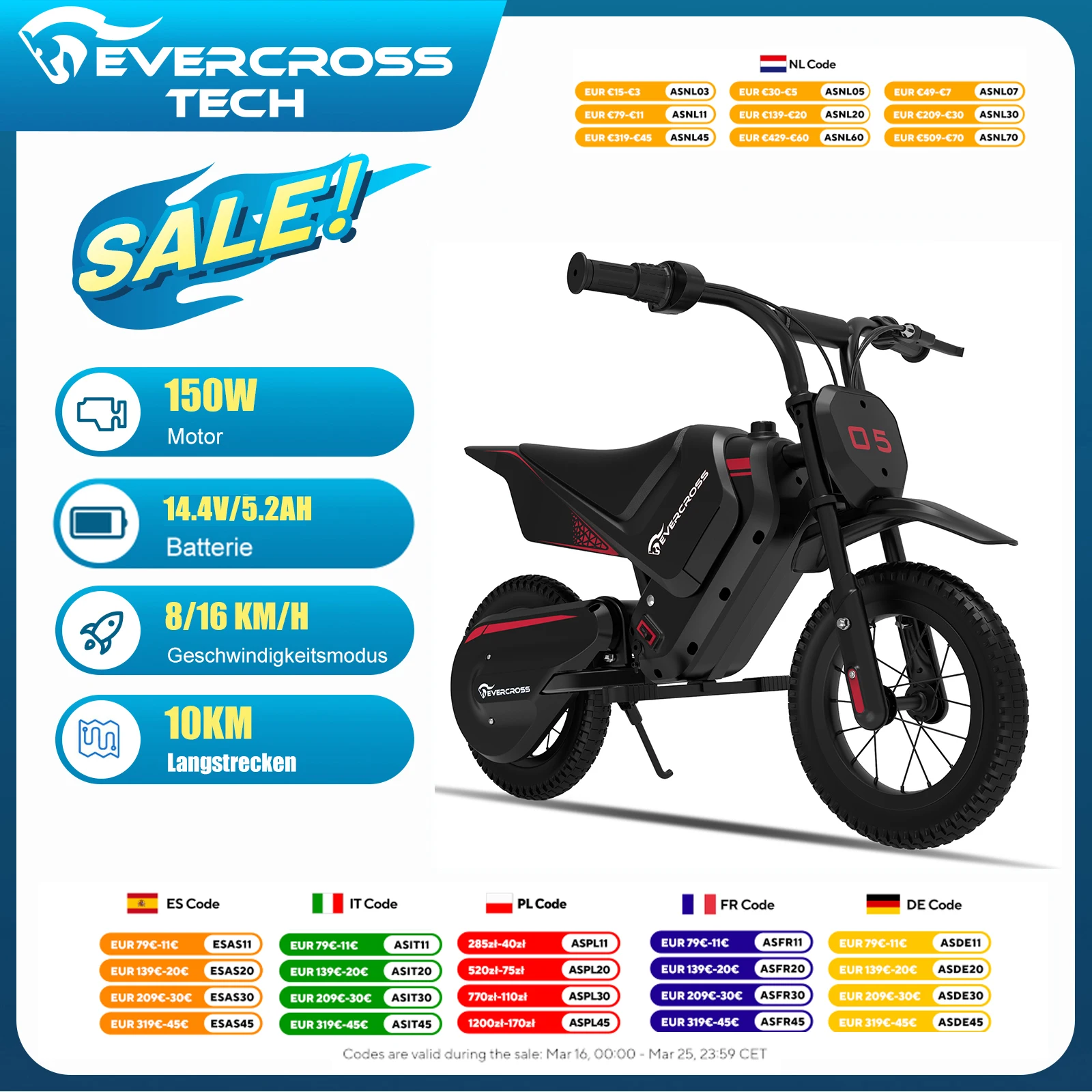 EVERCROSS TECH EV05M Elektromotorrad für Kinder, 150 W, Geschwindigkeiten 8/16 km/h, Akkulaufzeit bis zu 10 km, Motorrad Cross 12 Zoll für