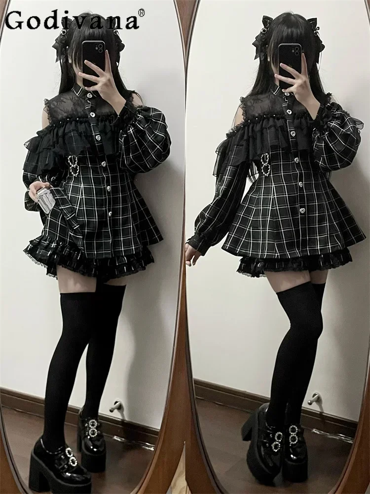 Japanese Style Mine Mass Production Long Sleeve Shirt Dress Shorts Suit Girls Sweet Y2k Lace Two Pieces Set Women Lolita Outfits