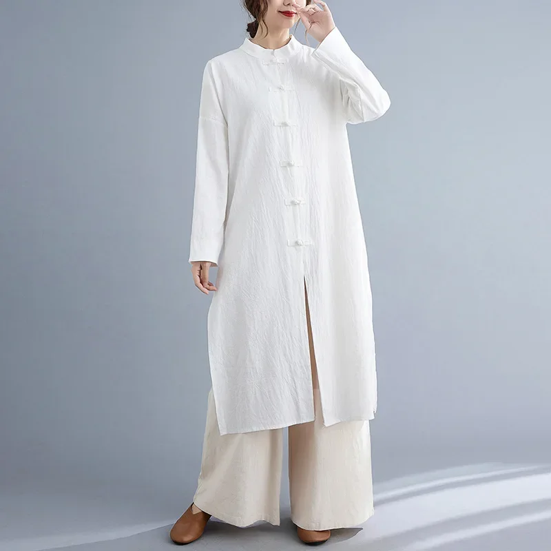 Women Linen Jacket Long Robe Chinese Traditional Retro Kungfu Wushu Tai Chi Uniform Teaism Wear Casual Loose Outfits Gown Hanfu