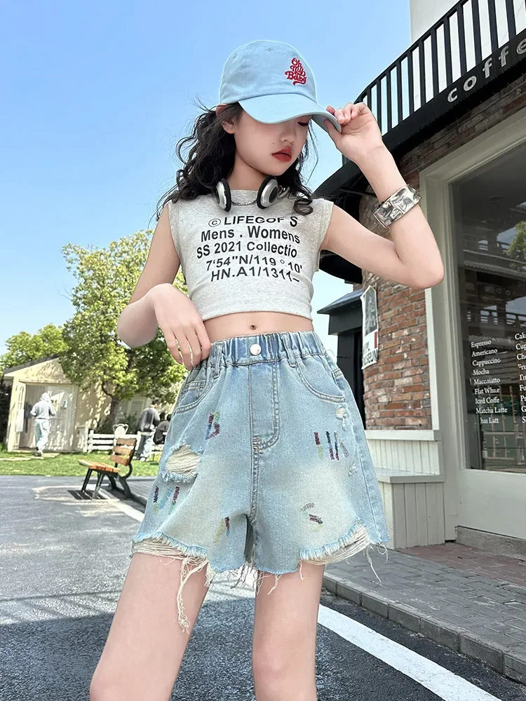 

Girls Summer Outfit Set 2025 New Kids Summer Letter Vest Trendy Denim orts Two Piece Set Korean Sle Birthday Scene