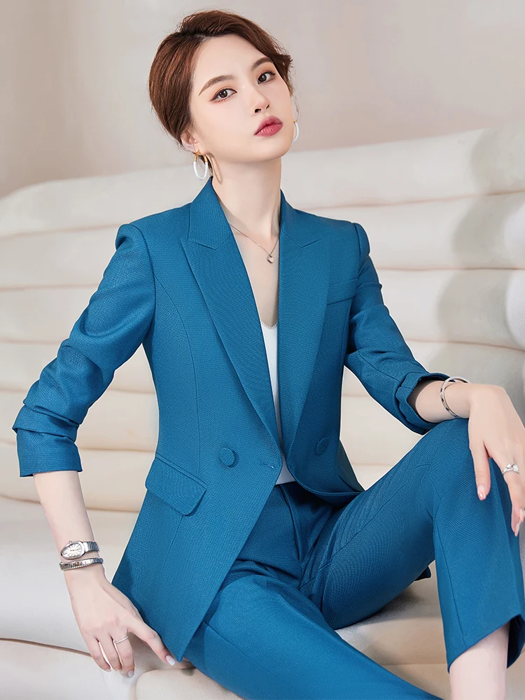 Women Formal 2 Piece Blazer Set Elegant Black Green Purple Blue Long Sleeve Blazer+ Pant Suit Ladies Fashion Business Work Wear