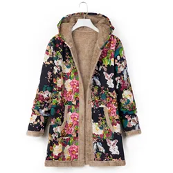 Cotton Linen Plus Velvet Warm Jackets For Women Vintage Ethnic Flower Print Hooded Button Outwear Coats Mid-length Cotton-Padded