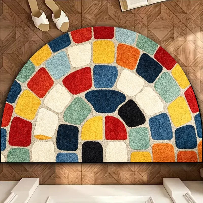 VIKAMA Colorful Irregular Block Half Round Bath Mat, Non-slip Water Absorbent Retro Mosaic Bathroom Rug