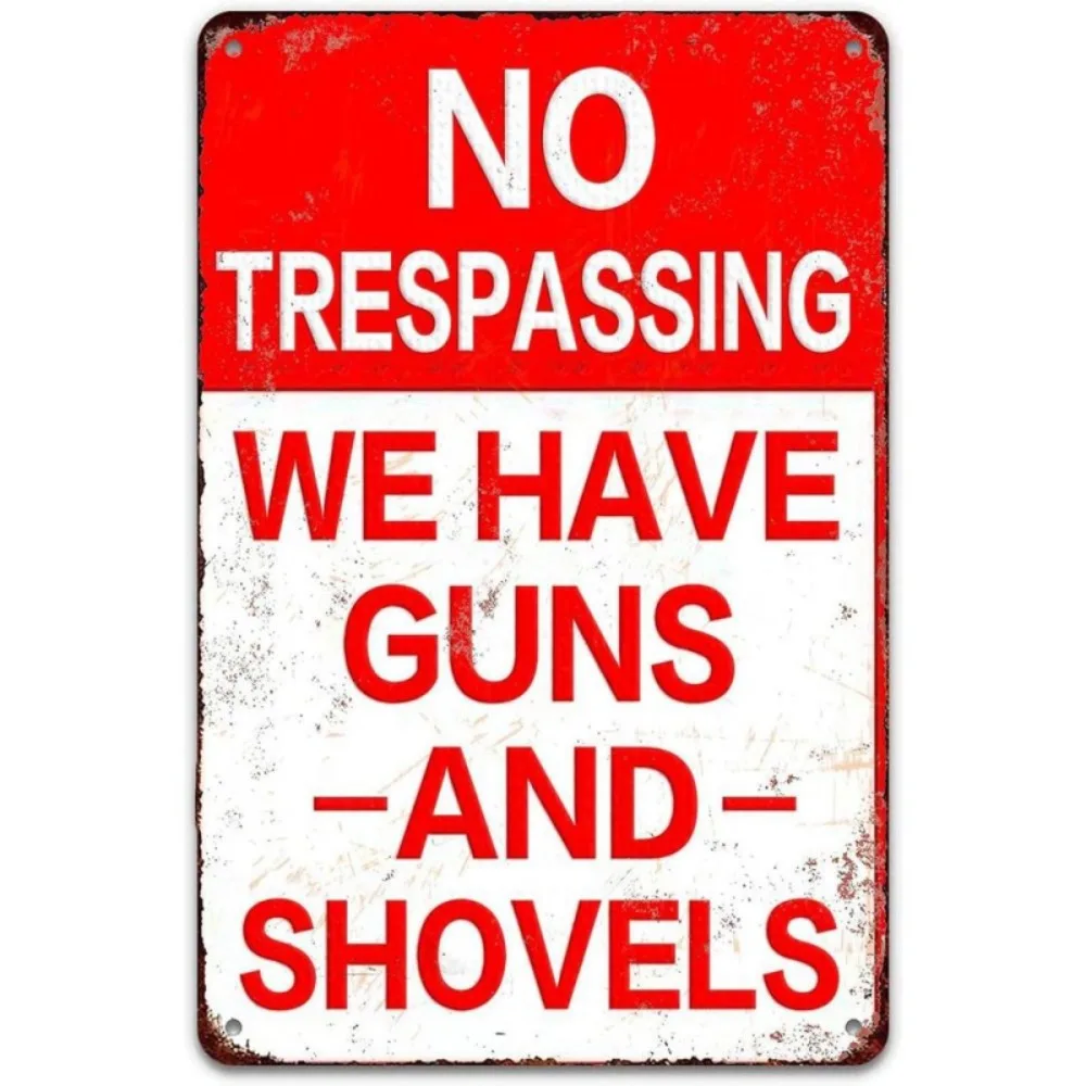 2D Flat No Trespassing Guns Shovels Metal Sign | Vintage Rustic Outdoor Warning Plaque, Durable Iron Material, Wall Decor