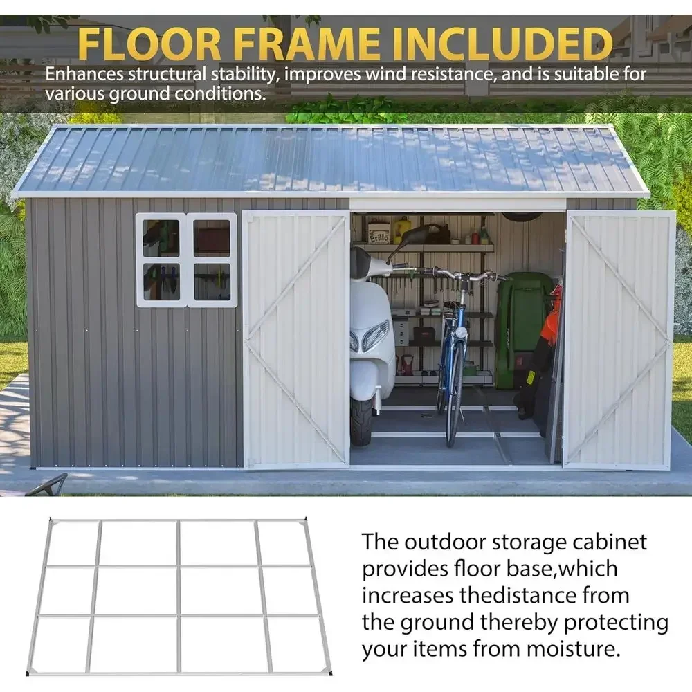 Durable Metal Outdoor Storage Shed with Floor and Window, Secure Double-Lock Door for Garden Tools, Waterproof Utility Shed for