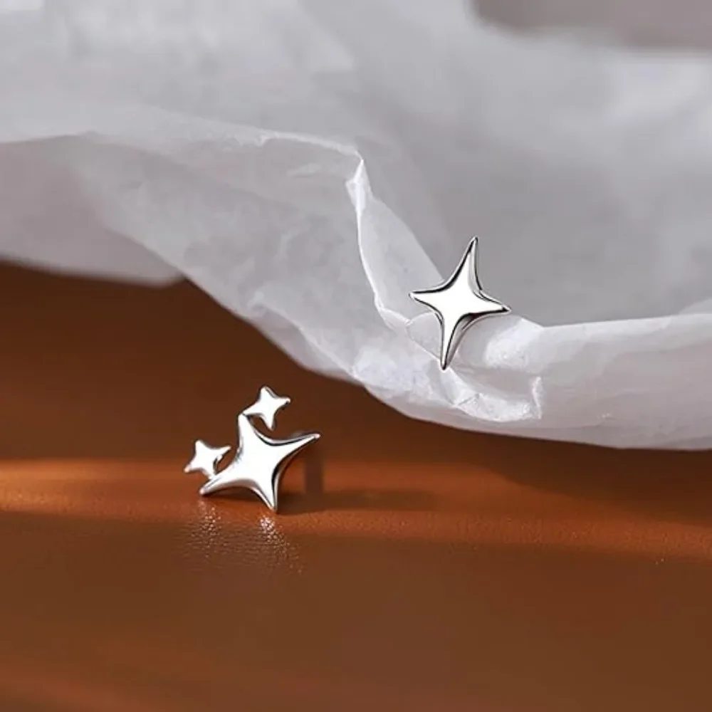 Simple Silver Plated Asymmetrical Earrings Four-Pointed Star Hypoallergenic Stud Earrings for Women Fashion Cute Star Jewelry