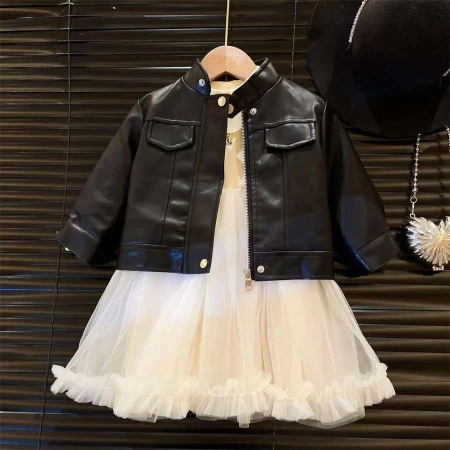 New Girls Clothing Fashionable Leather Jacket 2024 Autumn New Childrens Baby Casual Coat Versatile