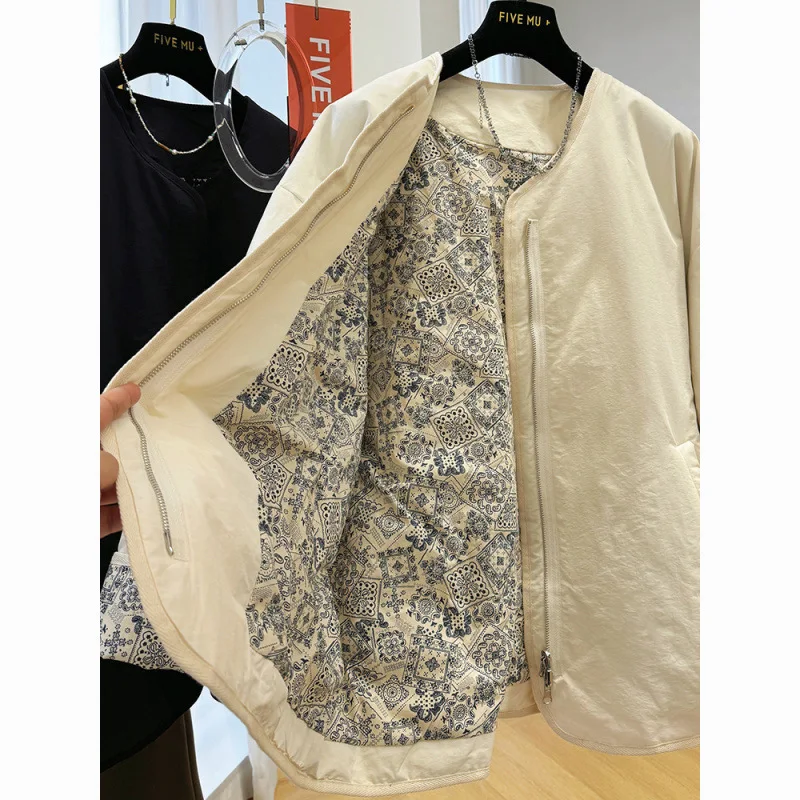 Women's Lazy Relaxed Style Retro Unique Crew Neck Puffer Coat - Autumn Winter Casual Cotton Jacket