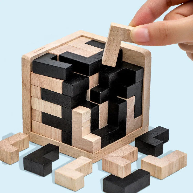 3D Cube Puzzle Luban Interlocking Creative Educational Wooden Toy IQ Brain Teaser Children Early Learning Toys Party Game Gifts