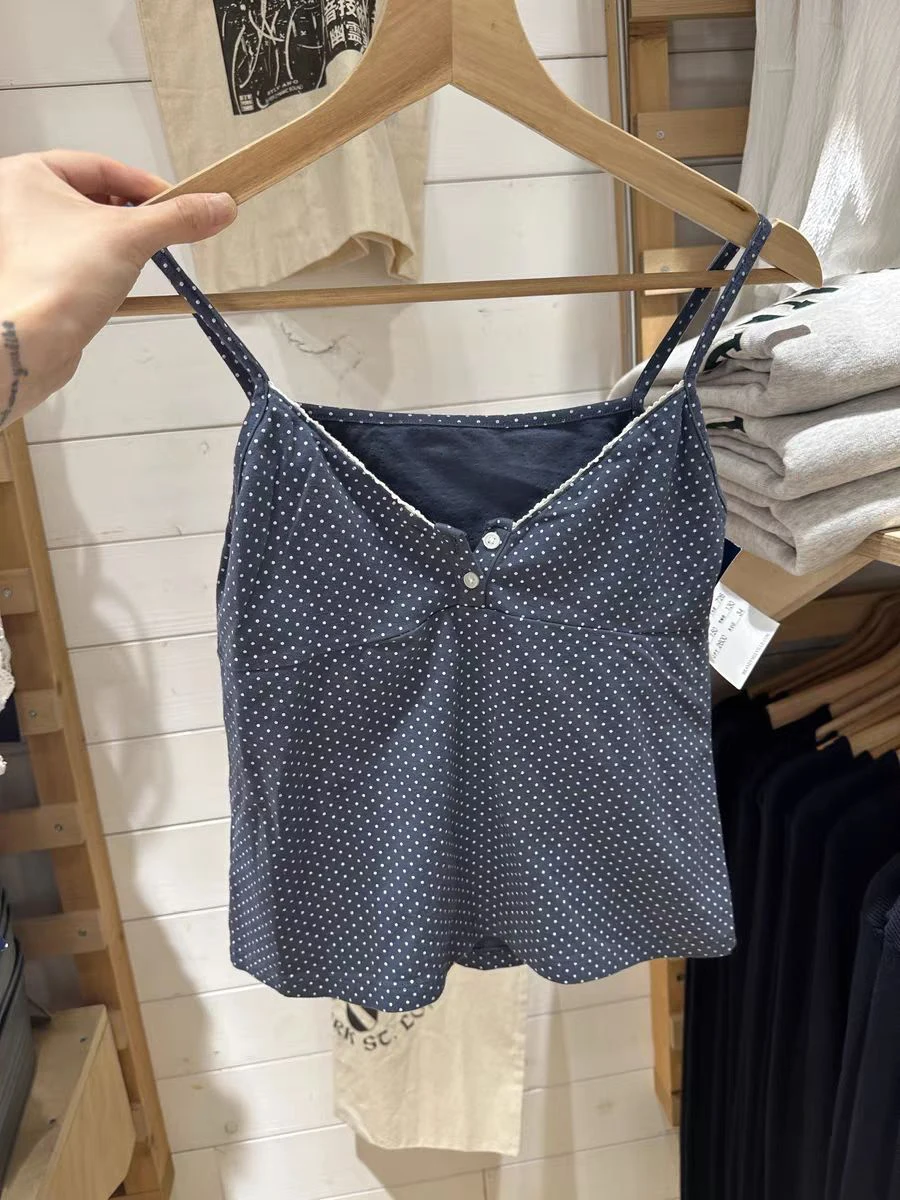 Polka Dot Navy Slim Crop Top Woman Lace Trim Two Buttons Cotton Cropped Camisole Female Summer Sweet Cute Preppy Style Tank Tops