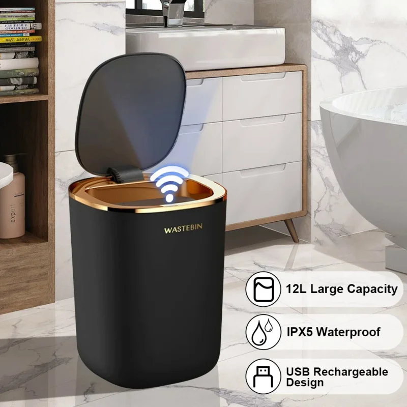 12L Smart Sensor Black Trash Can Induction  Bin Bathroom Luxury Garbage  Bucket For Kitchen Toilet  Wastebasket